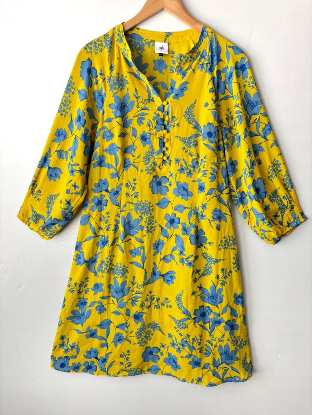 Share Cabi Lemon Drop Dress 5794 Medium Yellow Blue Floral Balloon Sleeve Boho S